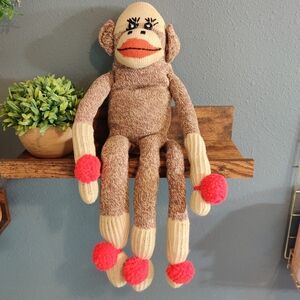 Vintage Sock Monkey Plush Handmade Stuffed Animal Kids Toy Girl Red Pom Poms